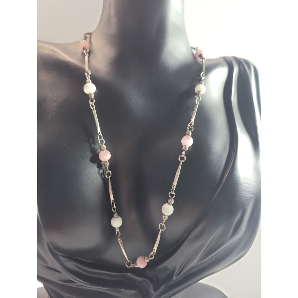 Pastel Pink Blue Beaded Station Necklace Silver Tone Bar Link Adjustable Fashion